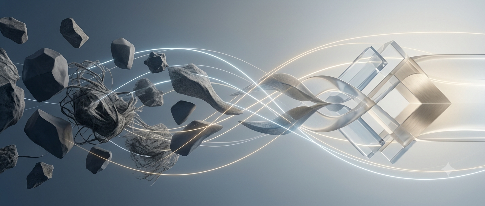 Abstract digital artwork showing floating dark gray rocks and wispy white and blue light streams flowing toward a translucent glowing cube on a soft blue gradient background.
