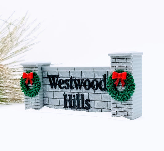 Westwood Hills stone wall decorative ornament with wreaths, Christmas village accessory